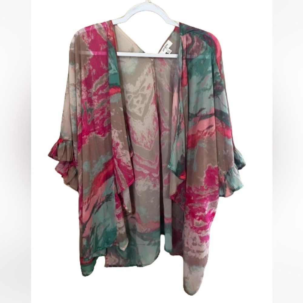 Umgee M/L Sheer Kimono Coverup Watercolors Oversized No Pockets Abstract Boho